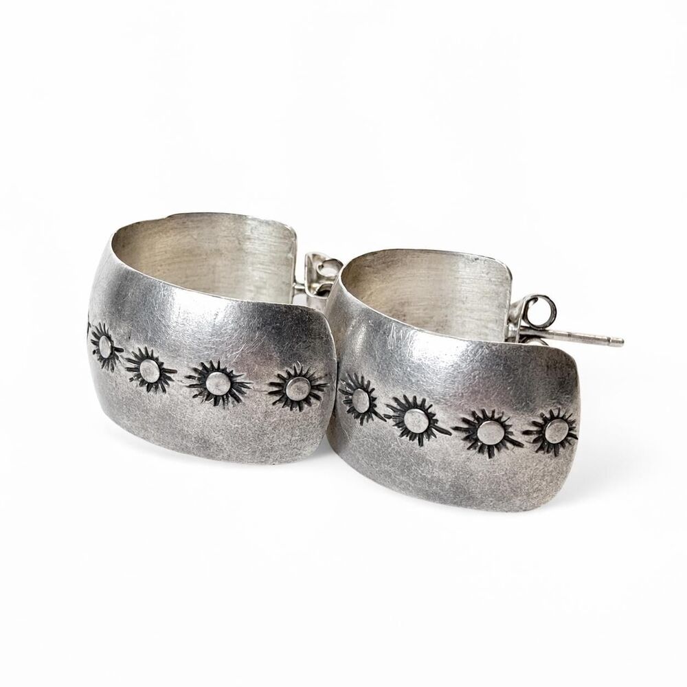 Vintage Sterling Silver Hoop Earrings Stamped Wide Hoops Sunburst 925